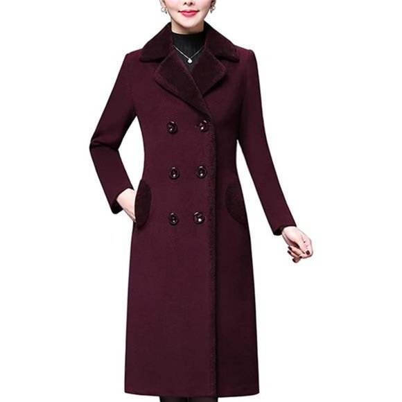 Women's Double-breasted Notched Lapel Midi Wool Blend Pea Coat Jackets - Picture 1 of 5